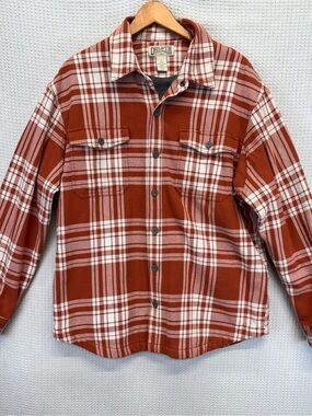 Duluth Trading Mens Large Red Orange Plaid Burlyweight Flannel Shirt Thick Heavy